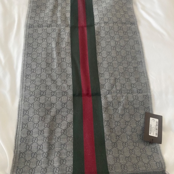 NWT GUCCI gray/green/red WEB stripe VERBIERE wool/silk knit 35x180cm scarf - Picture 4 of 9